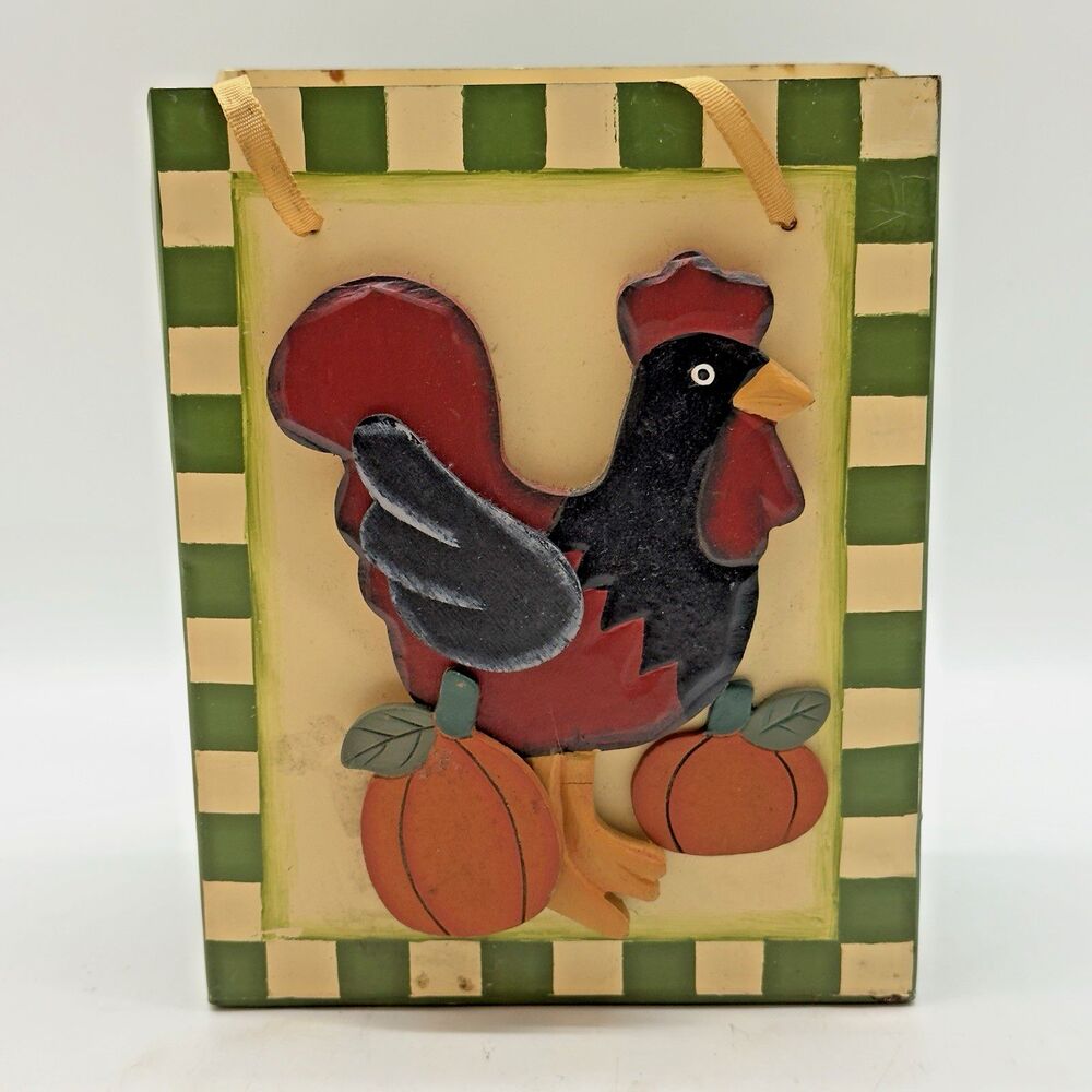 Rooster Wood Chicken Decor Painted Tin Box Autumn Farmhouse Cottagecore Storage